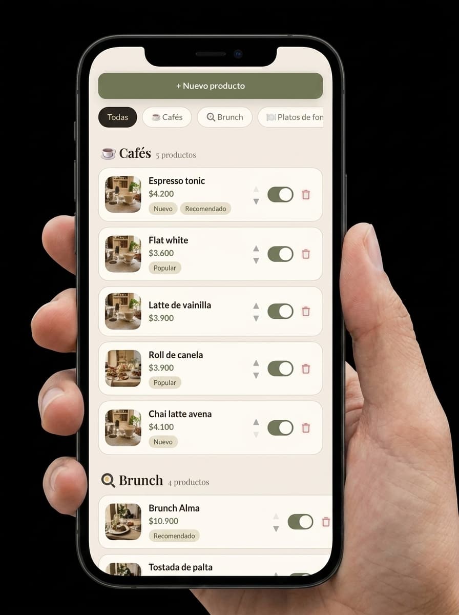 Carta digital de Caserito abierta en un teléfono, con productos y carrito