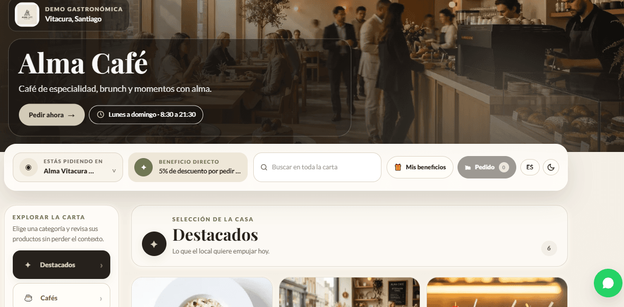 La carta de Alma Café publicada en Caserito, con sus categorías y productos